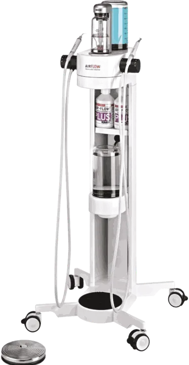 Example of an air-polishing hygiene unit with handpieces and a powder chamber