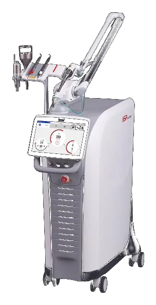A dental laser unit with an articulated arm and touchscreen