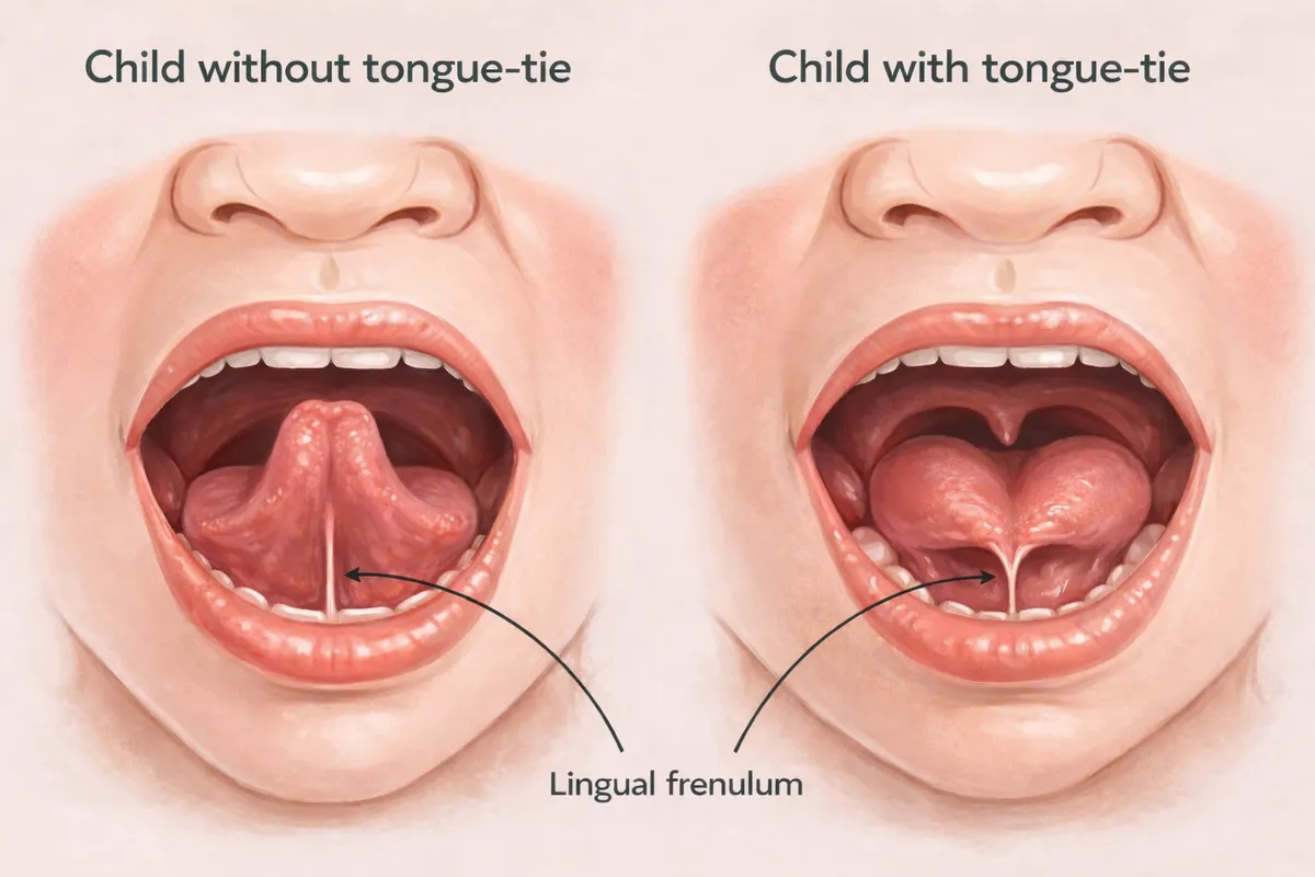 Diagram of a normal tongue next to a tongue-tied tongue, with the frenulum under the tongue labelled