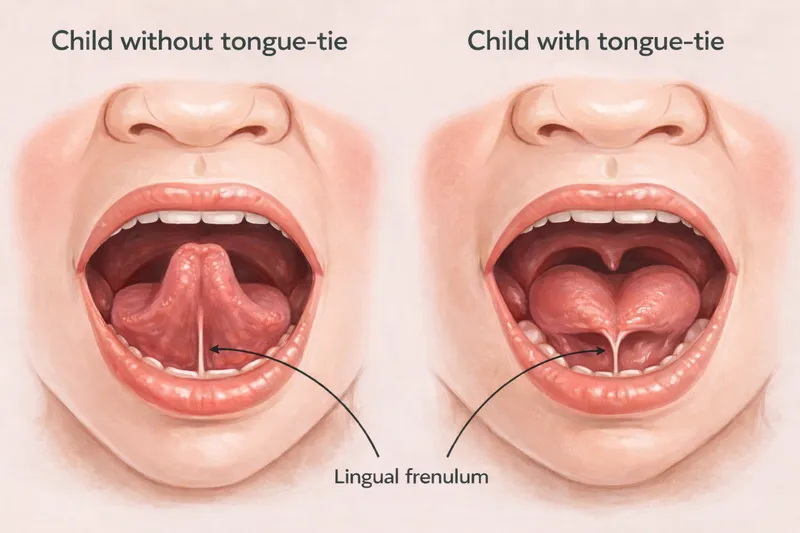 Diagram comparing a mouth without tongue tie to a mouth with tongue tie, with the lingual frenulum labelled