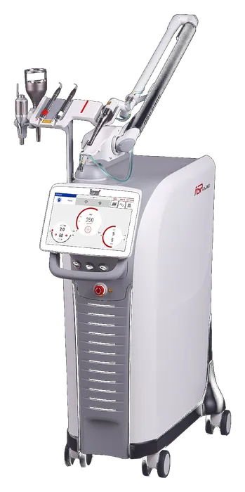 A dental laser unit on its wheeled stand